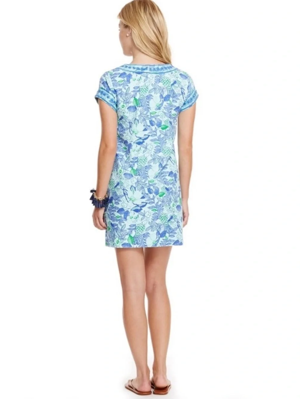 Vineyard Vines Cordia Bird Floral Embroidered Tunic Dress Blue Green Linen Sz 2 - Picture 2 of 8